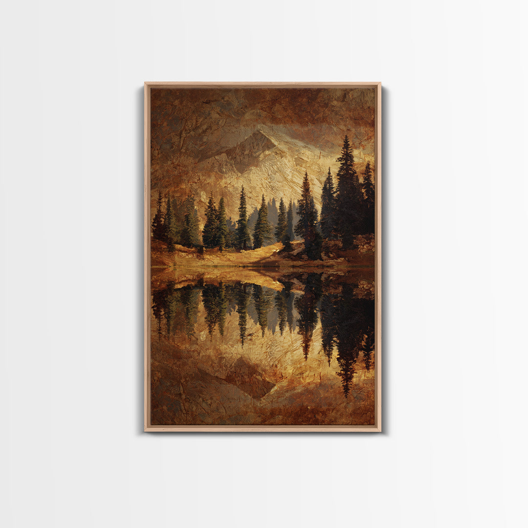 Mountain Lake with Pine Forest Reflection Framed Canvas Print, Traditional Art, Wall Hanging, Living Room Decor, Classic, TRA-2x3-17