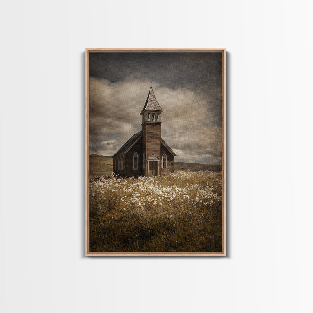 Church Steeple Across Rural Meadow Framed Canvas Print, Traditional Art, Art Print, Living Room Decor, Fine Art, Classic, TRA-2x3-21