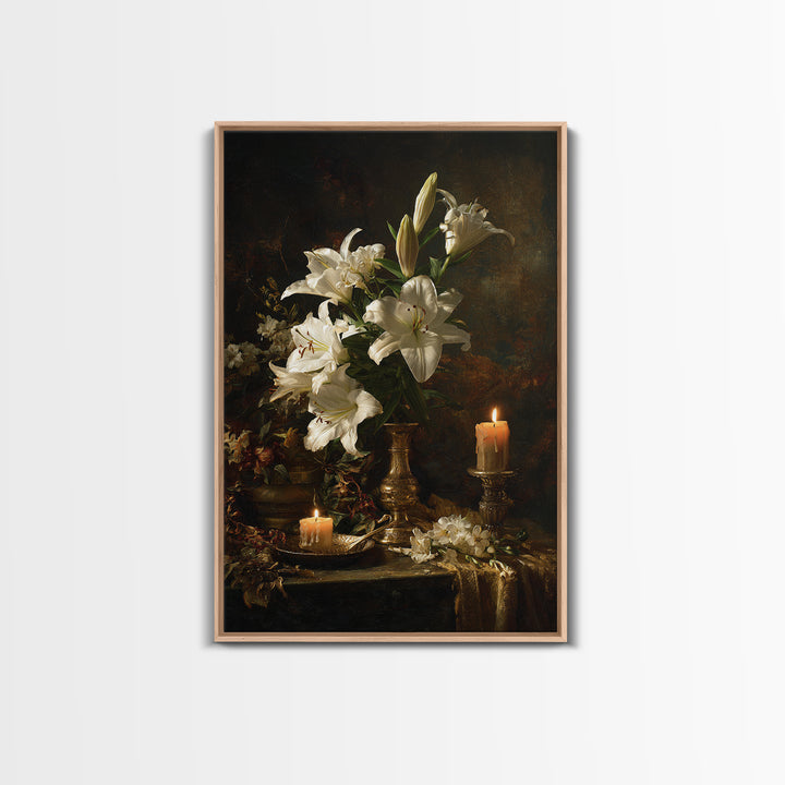 White Lilies on Dark Background Canvas Print, Traditional Art, Decor, Living Room Decor, Fine Art, Classic, Japanese Art, TRA-2x3-23
