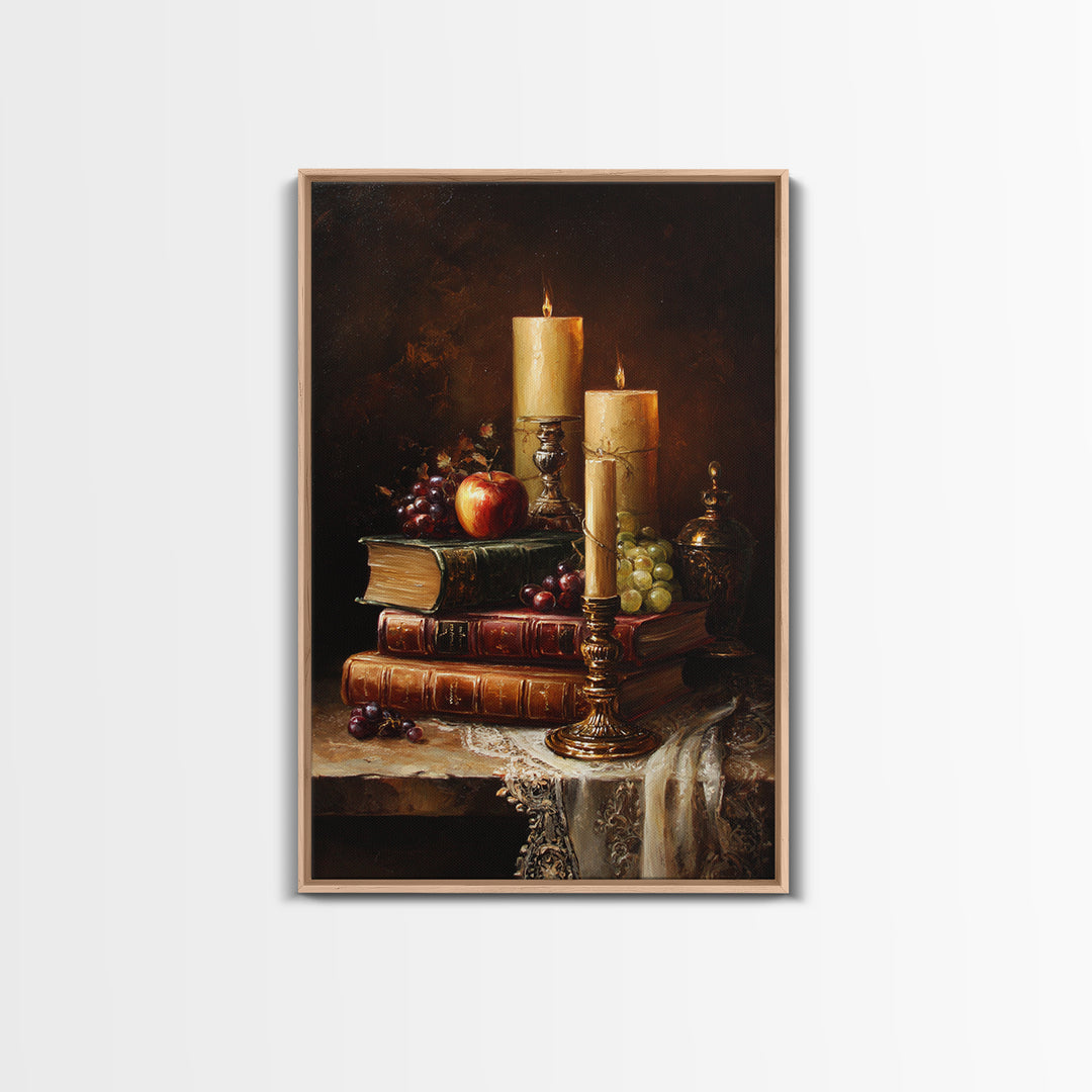 Still Life of Books Candle and Fruit Framed Canvas Print, Traditional Art, Watercolor Art, Living Room Decor, Fine Art, Classic, TRA-2x3-28