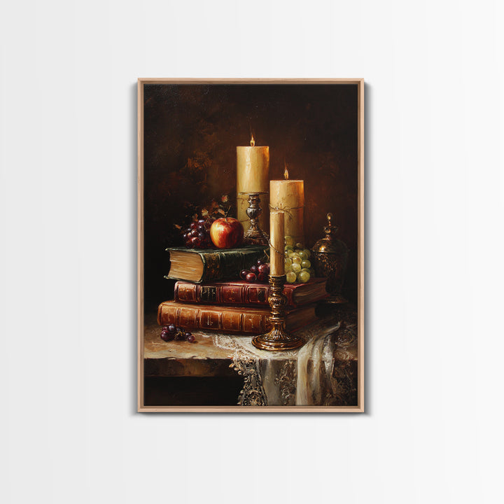 Still Life of Books Candle and Fruit Framed Canvas Print, Traditional Art, Watercolor Art, Living Room Decor, Fine Art, Classic, TRA-2x3-28