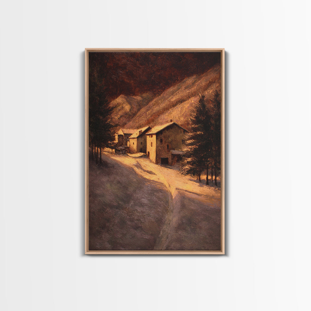 Snowy Village Landscape at Twilight Framed Canvas Print, Traditional Art, Room Decor, Living Room Decor, Fine Art, Classic, TRA-2x3-3