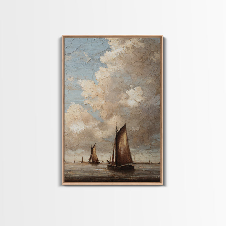 Seascape with Sailboats and Cloudy Sky Framed Canvas Print, Traditional Art, Boho, Living Room Decor, Fine Art, Classic, TRA-2x3-37