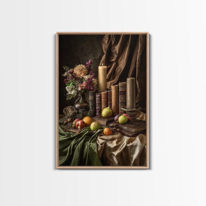 Still Life of Books Candle and Fruit Framed Canvas Print, Traditional Art, Contemporary Art, Living Room Decor, Classic, TRA-2x3-4