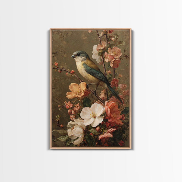 Bird Study on a Flowering Branch Framed Canvas Print, Traditional Art, Home Decor, Living Room Decor, Fine Art, Classic, TRA-2x3-42