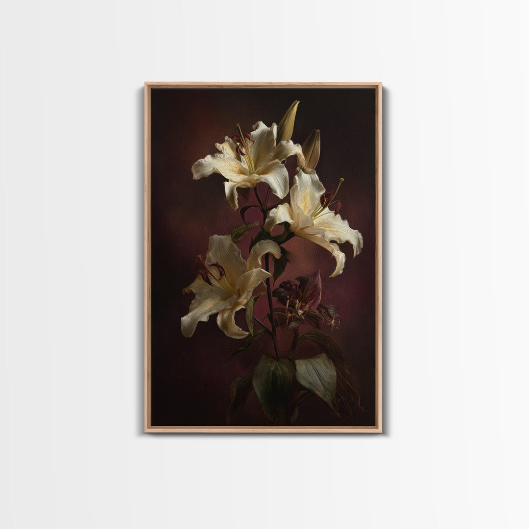 White Lilies on Dark Background Framed Canvas Print, Traditional Art, Wall Hanging, Living Room Decor, Abstract Art, Classic, TRA-2x3-47