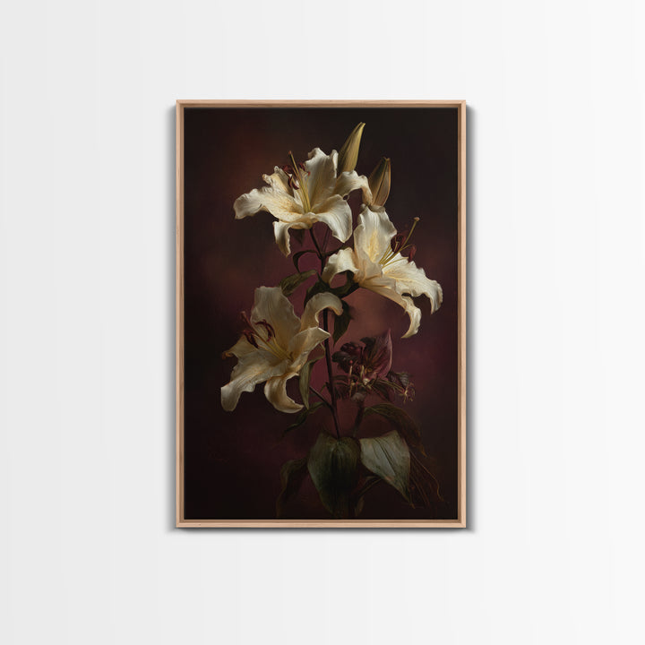 White Lilies on Dark Background Framed Canvas Print, Traditional Art, Wall Hanging, Living Room Decor, Abstract Art, Classic, TRA-2x3-47