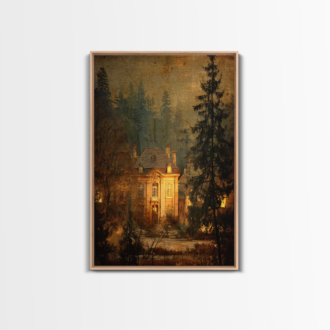 Snowy Village Landscape at Twilight Framed Canvas Print, Traditional Art, Art Print, Living Room Decor, Fine Art, Classic, TRA-2x3-51