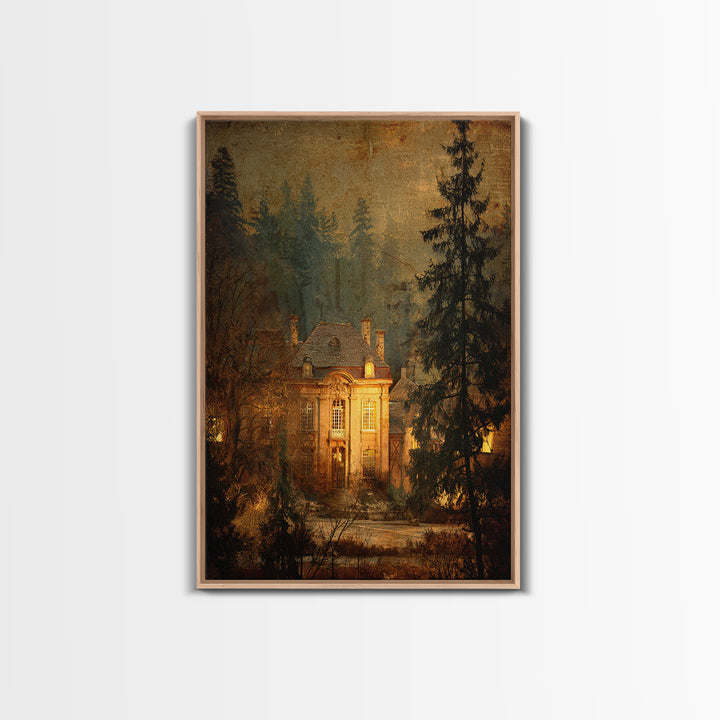 Snowy Village Landscape at Twilight Framed Canvas Print, Traditional Art, Art Print, Living Room Decor, Fine Art, Classic, TRA-2x3-51