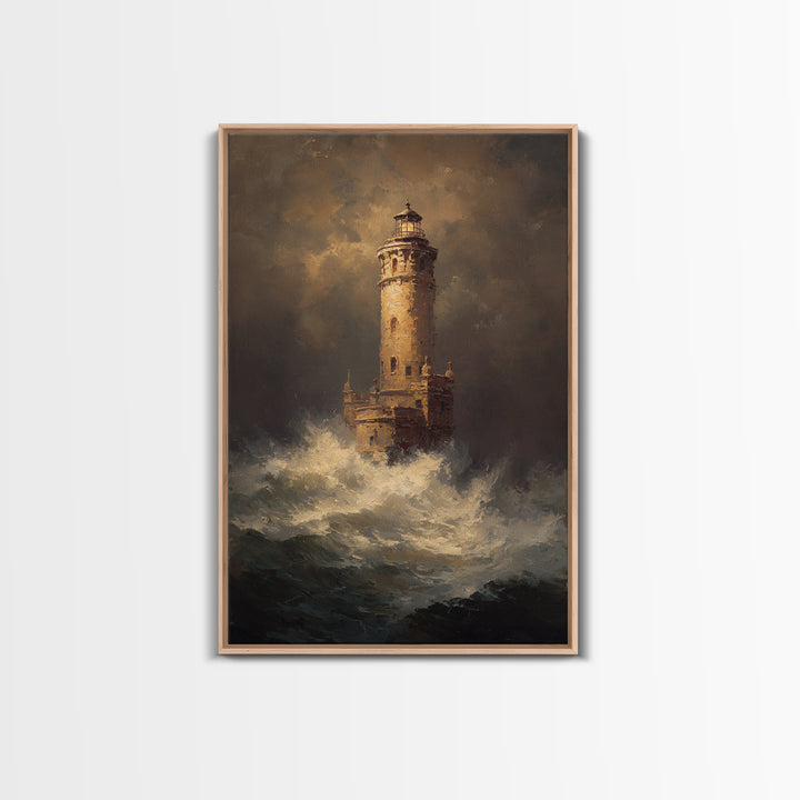 Lighthouse with Crashing Waves Framed Canvas Print, Traditional Art, Digital Print, Living Room Decor, Oil Painting, Classic, TRA-2x3-53