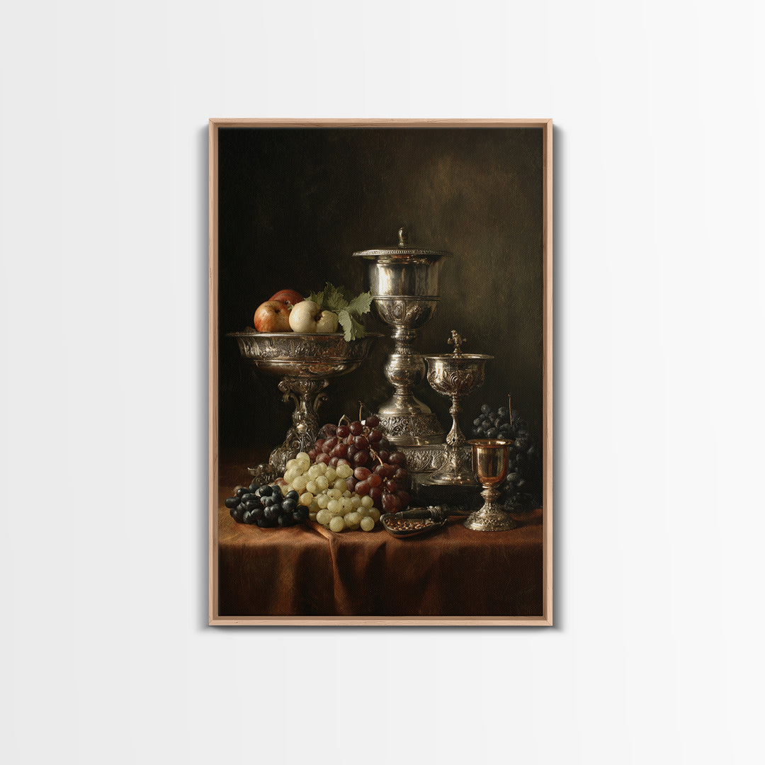 Dutch Fruit and Silver Goblet Still Life Framed Canvas Print, Traditional Art, Art Commission, Living Room Decor, Classic, TRA-2x3-60