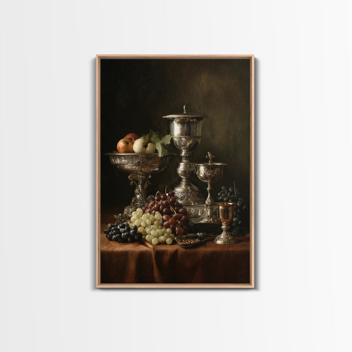 Dutch Fruit and Silver Goblet Still Life Framed Canvas Print, Traditional Art, Art Commission, Living Room Decor, Classic, TRA-2x3-60