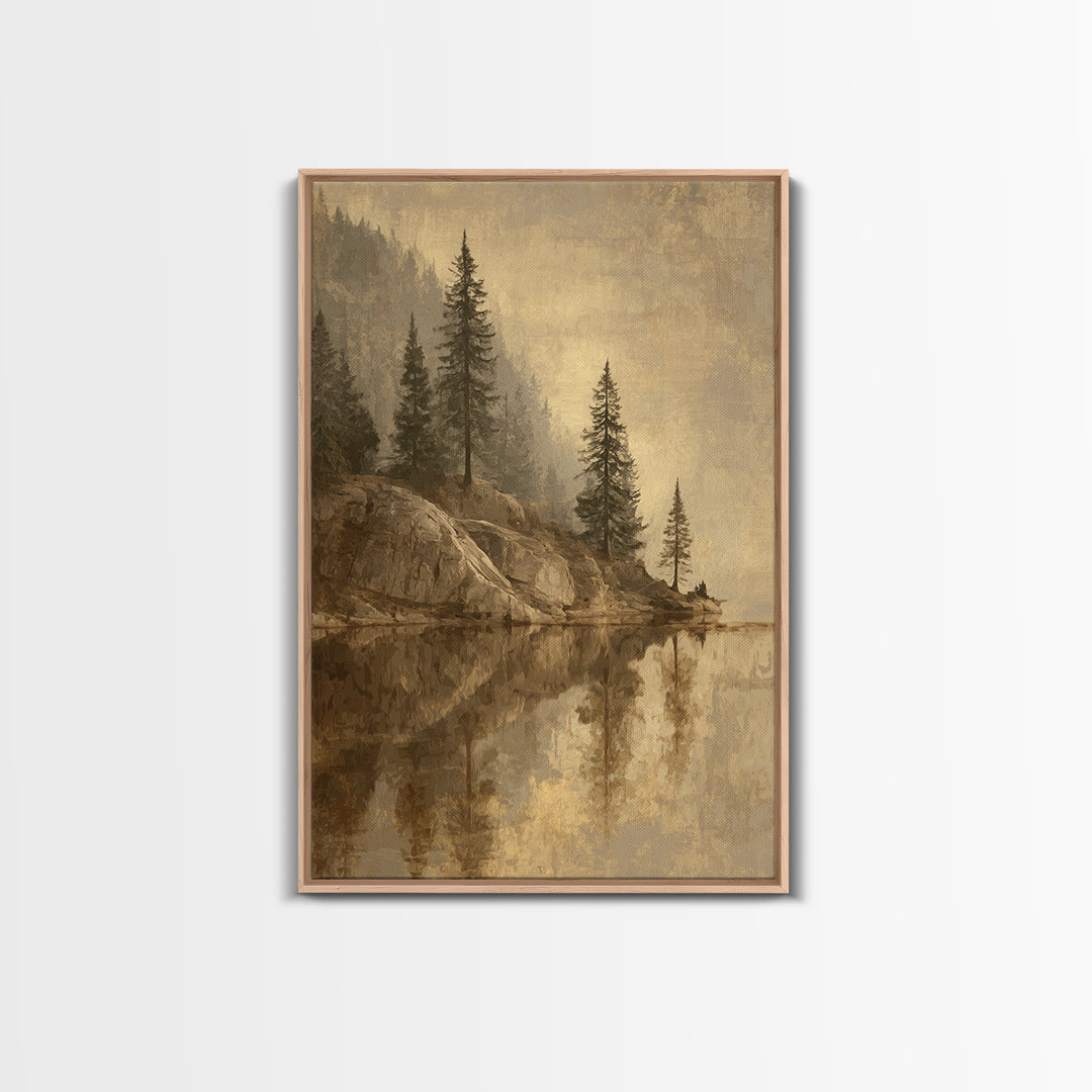 Mountain Lake with Pine Forest Reflection Canvas Print, Traditional Art, Art Commissions, Living Room Decor, Oil Painting, TRA-2x3-65