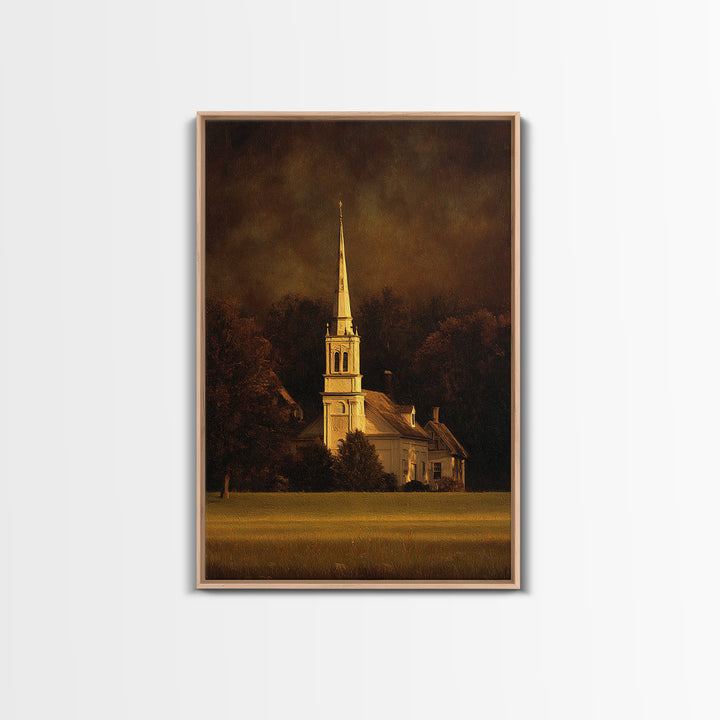 Church Steeple Across Rural Meadow Framed Canvas Print, Traditional Art, Japanese Art, Living Room Decor, Fine Art, Classic, TRA-2x3-69