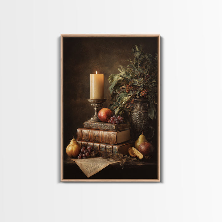 Still Life of Books Candle and Fruit Framed Canvas Print, Traditional Art, Indian Decor, Living Room Decor, Fine Art, Classic, TRA-2x3-76