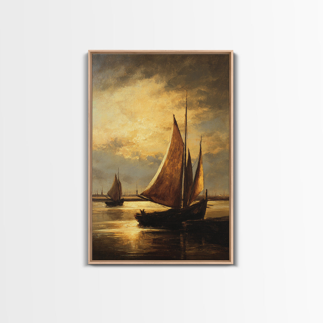 Seascape with Sailboats and Cloudy Sky Framed Canvas Print, Traditional Art, Watercolor Art, Living Room Decor, Classic, TRA-2x3-85