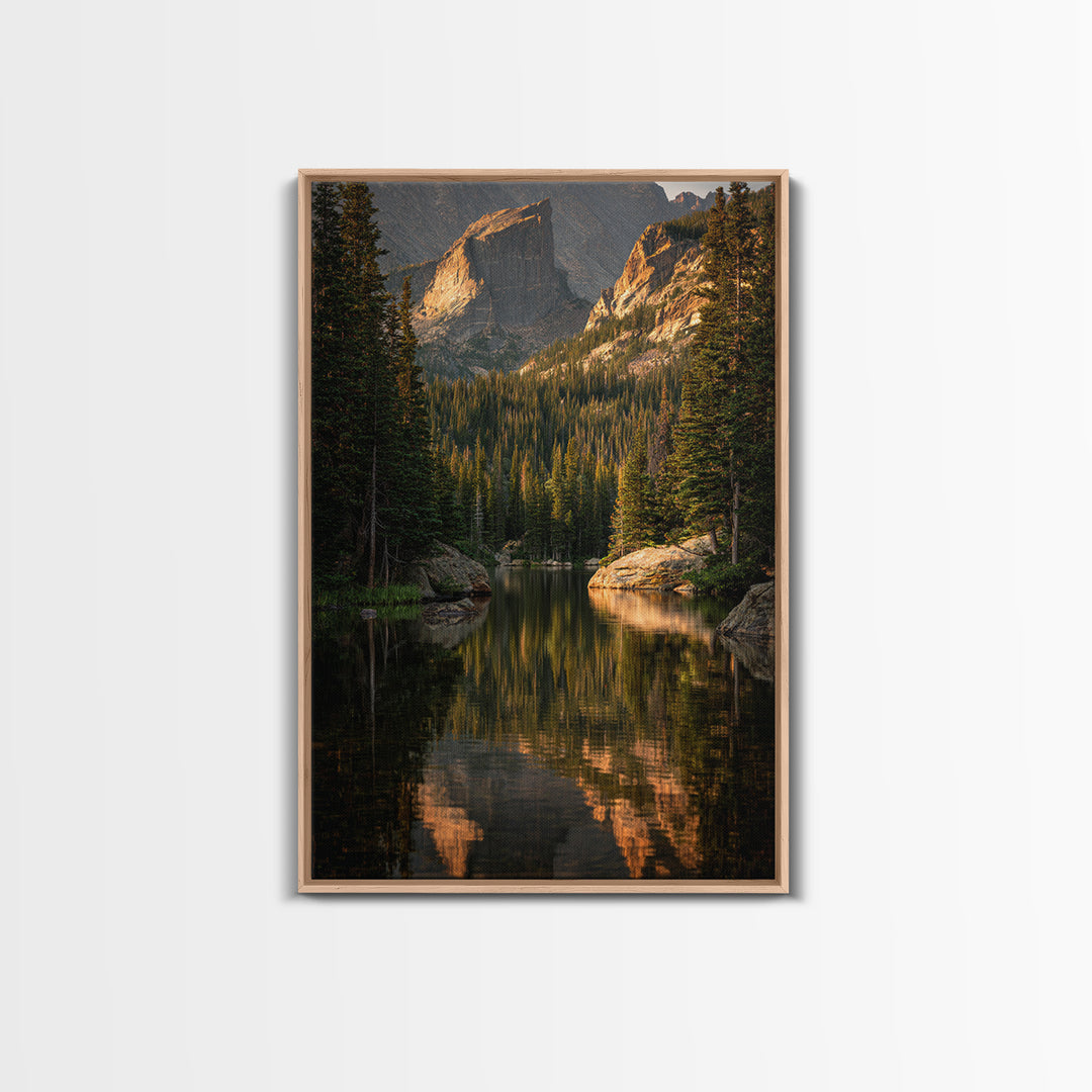Mountain Lake with Pine Forest Reflection Framed Canvas Print, Traditional Art, Indian Wall Art, Living Room Decor, Classic, TRA-2x3-89