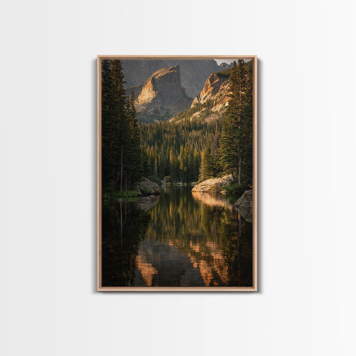 Mountain Lake with Pine Forest Reflection Framed Canvas Print, Traditional Art, Indian Wall Art, Living Room Decor, Classic, TRA-2x3-89