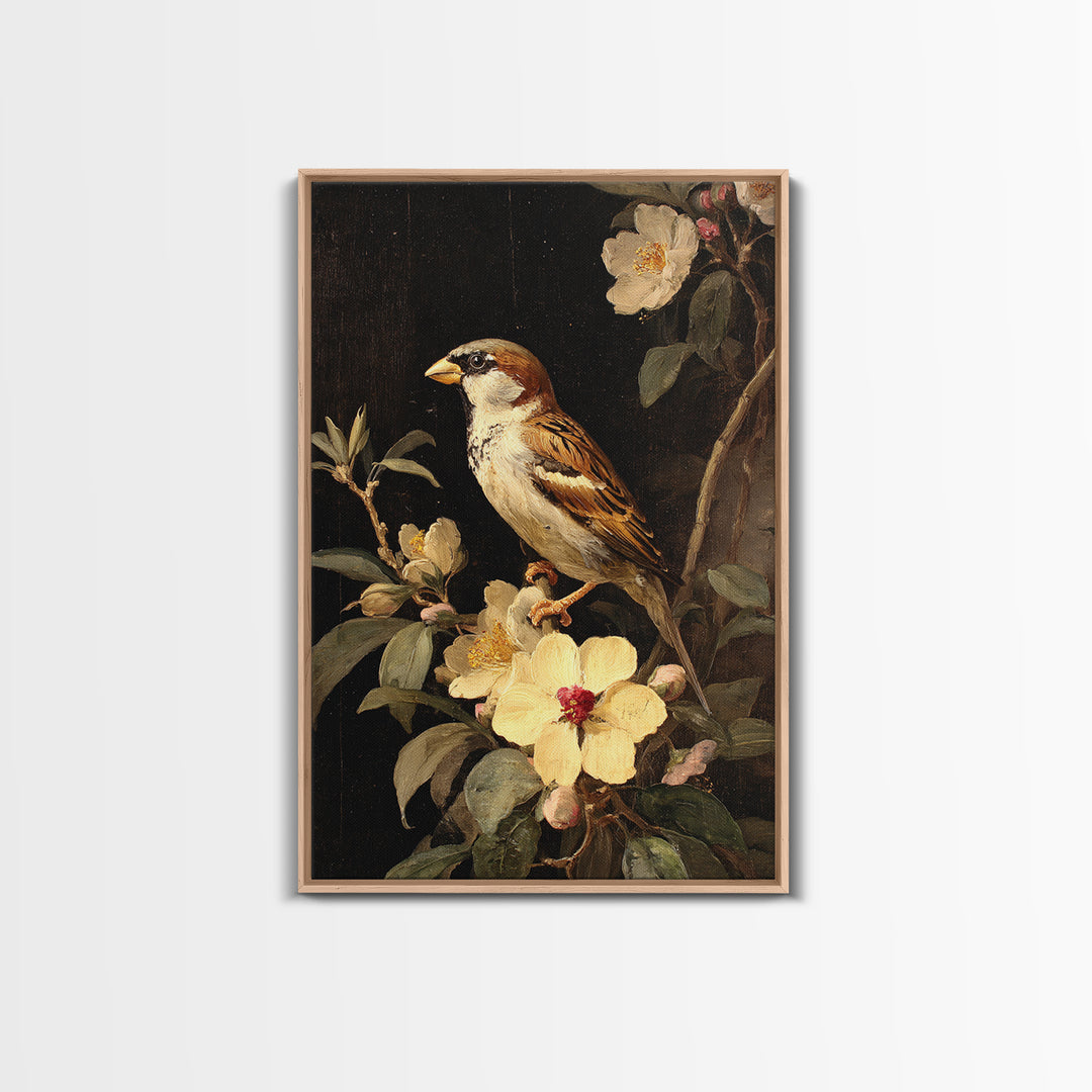 Bird Study on a Flowering Branch Framed Canvas Print, Traditional Art, Artwork, Living Room Decor, Oil Painting, Classic, TRA-2x3-90