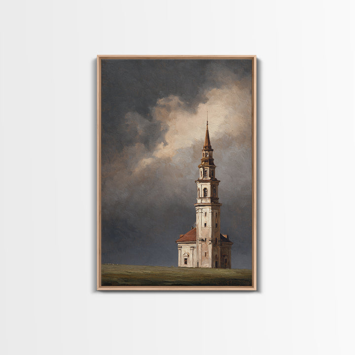 Church Steeple Across Rural Meadow Framed Canvas Print, Traditional Art, Japanese Art, Living Room Decor, Fine Art, Classic, TRA-2x3-93