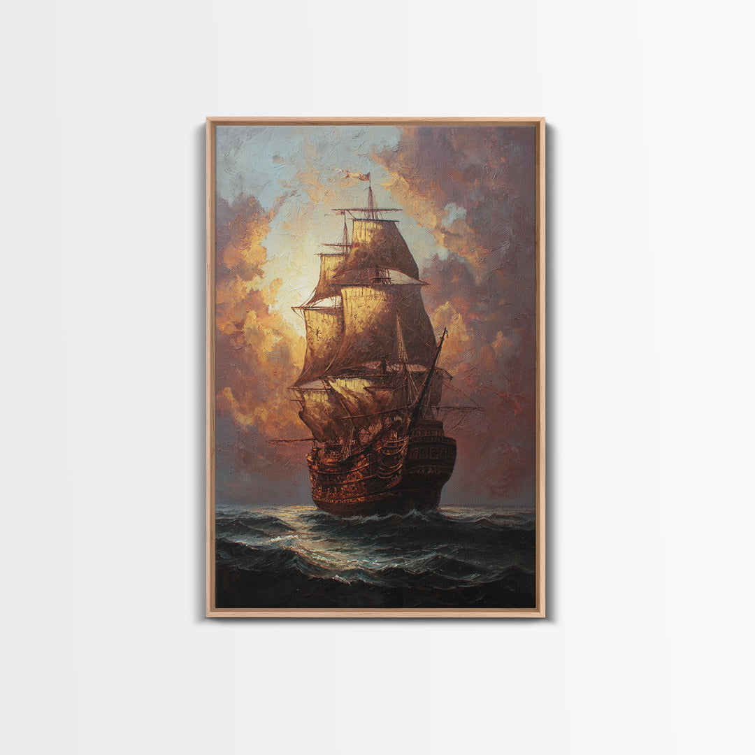 Ship at Sea Framed Canvas Print, Traditional Art, Original Art, Living Room Decor, Fine Art, Classic, Landscape, Indian Art, TRA-2x3-94