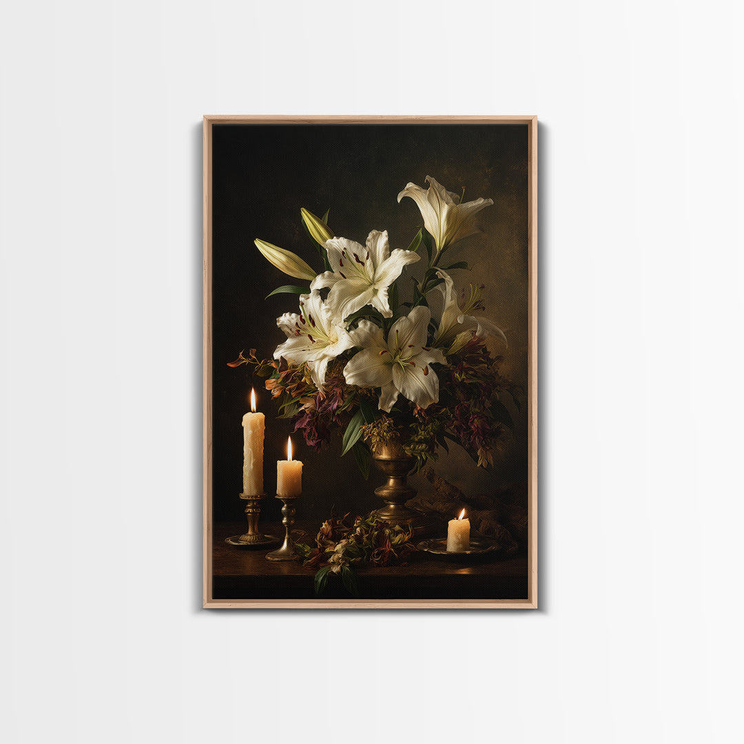 White Lilies on Dark Background Canvas Print, Traditional Art, Dark Art, Living Room Decor, Oil Painting, Classic, TRA-2x3-95