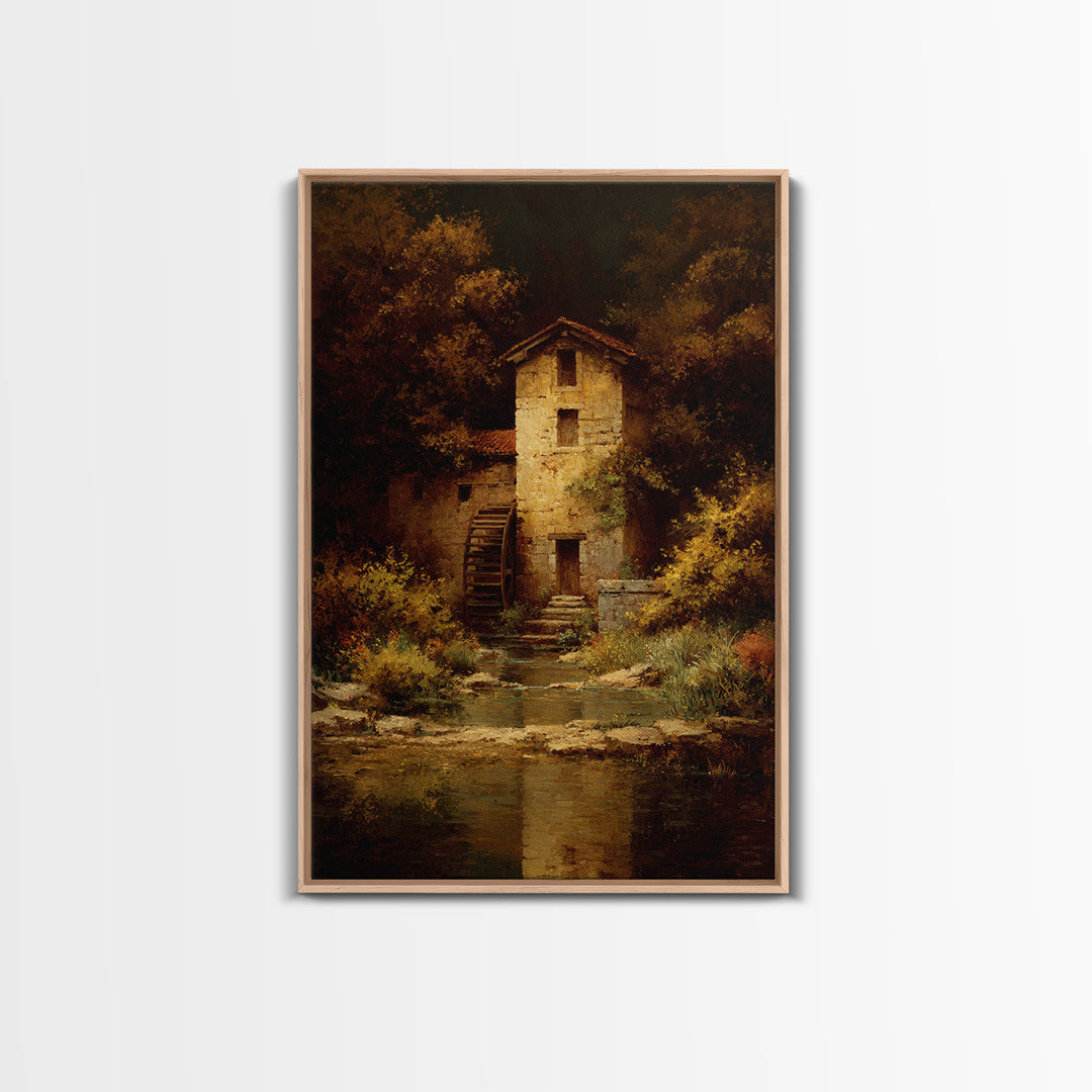 Watermill Beside a Quiet Stream Framed Canvas Print, Traditional Art, Canvas Print, Living Room Decor, Fine Art, Classic, TRA-2x3-97