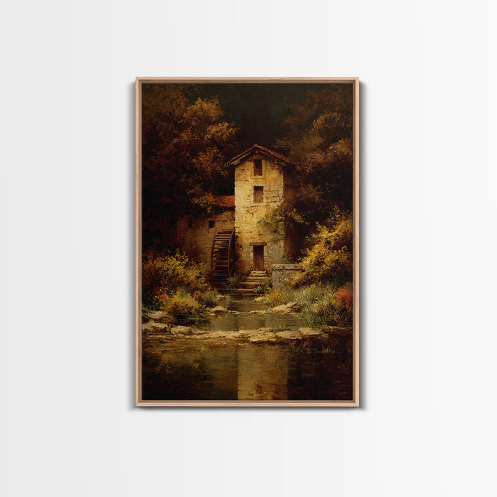 Watermill Beside a Quiet Stream Framed Canvas Print, Traditional Art, Canvas Print, Living Room Decor, Fine Art, Classic, TRA-2x3-97