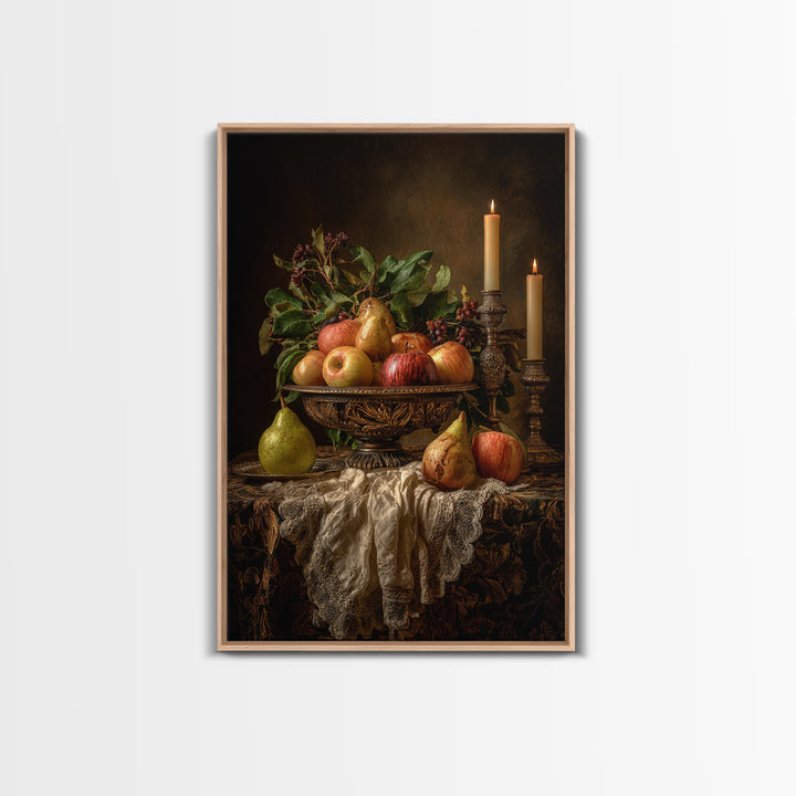 Basket of Apples and Pears on Linen Framed Canvas Print, Traditional Art, Canvas, Living Room Decor, Abstract Art, Classic, TRA-2x3-98