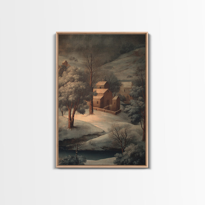 Snowy Village Landscape at Twilight Canvas Print, Traditional Art, Japanese Decor, Living Room Decor, Fine Art, Classic, TRA-2x3-99