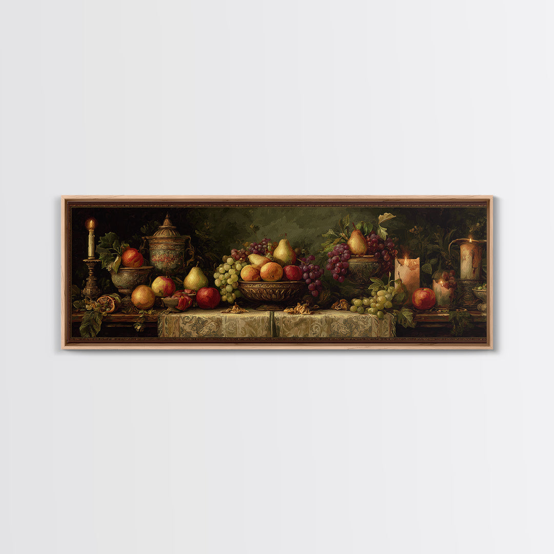 Basket of Apples and Pears on Linen Framed Canvas Print, Traditional Art, Decor, Living Room Decor, Abstract Art, Classic, TRA-3x1-10