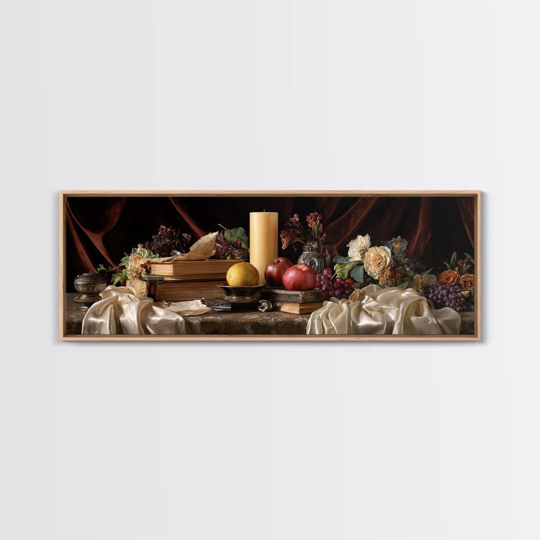 Still Life of Books Candle and Fruit Framed Canvas Print, Traditional Art, Indian Decor, Living Room Decor, Fine Art, Classic, TRA-3x1-12