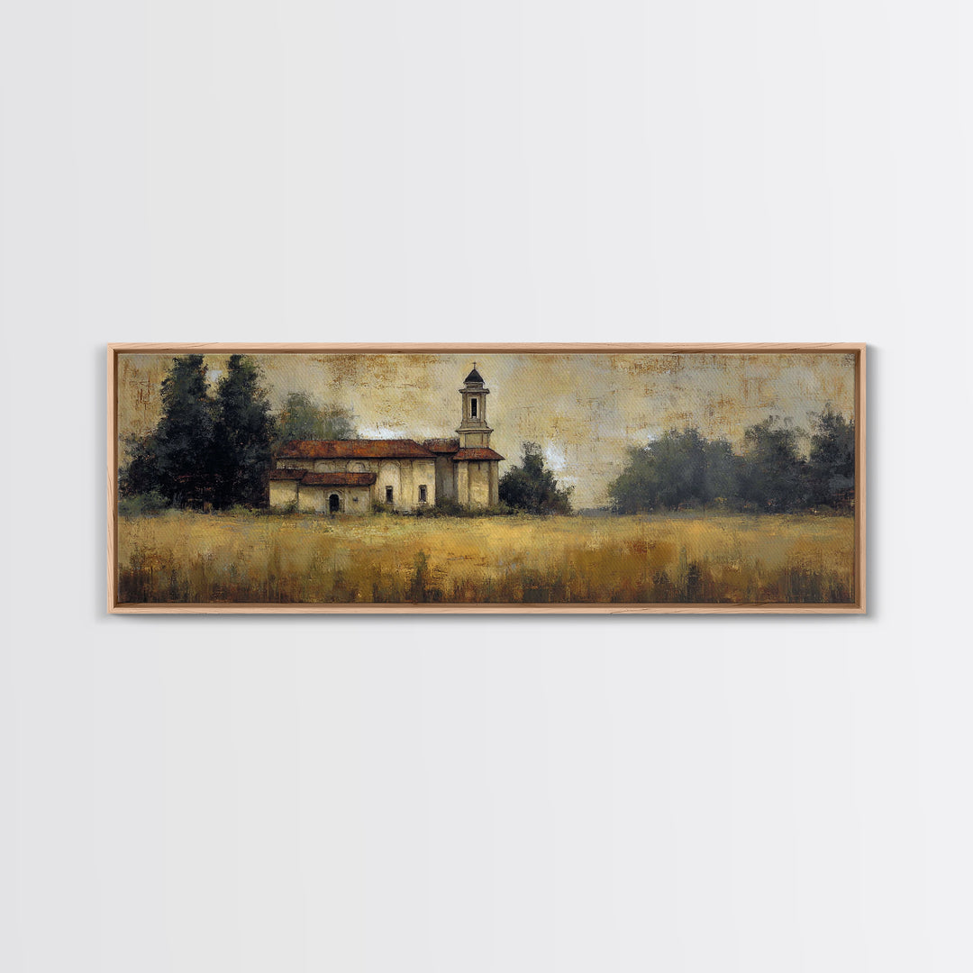 Church Steeple Across Rural Meadow Canvas Print, Traditional Art, Furry Art, Living Room Decor, Classic, Fine Art Print, TRA-3x1-29