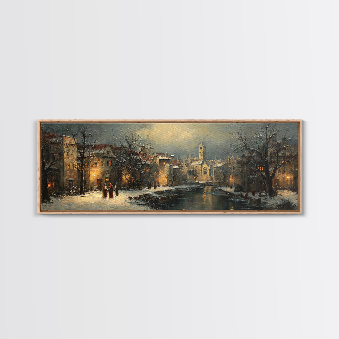 Snowy Village Landscape at Twilight Canvas Print, Traditional Art, Minimalist Decor, Living Room Decor, Oil Painting, Classic, TRA-3x1-35