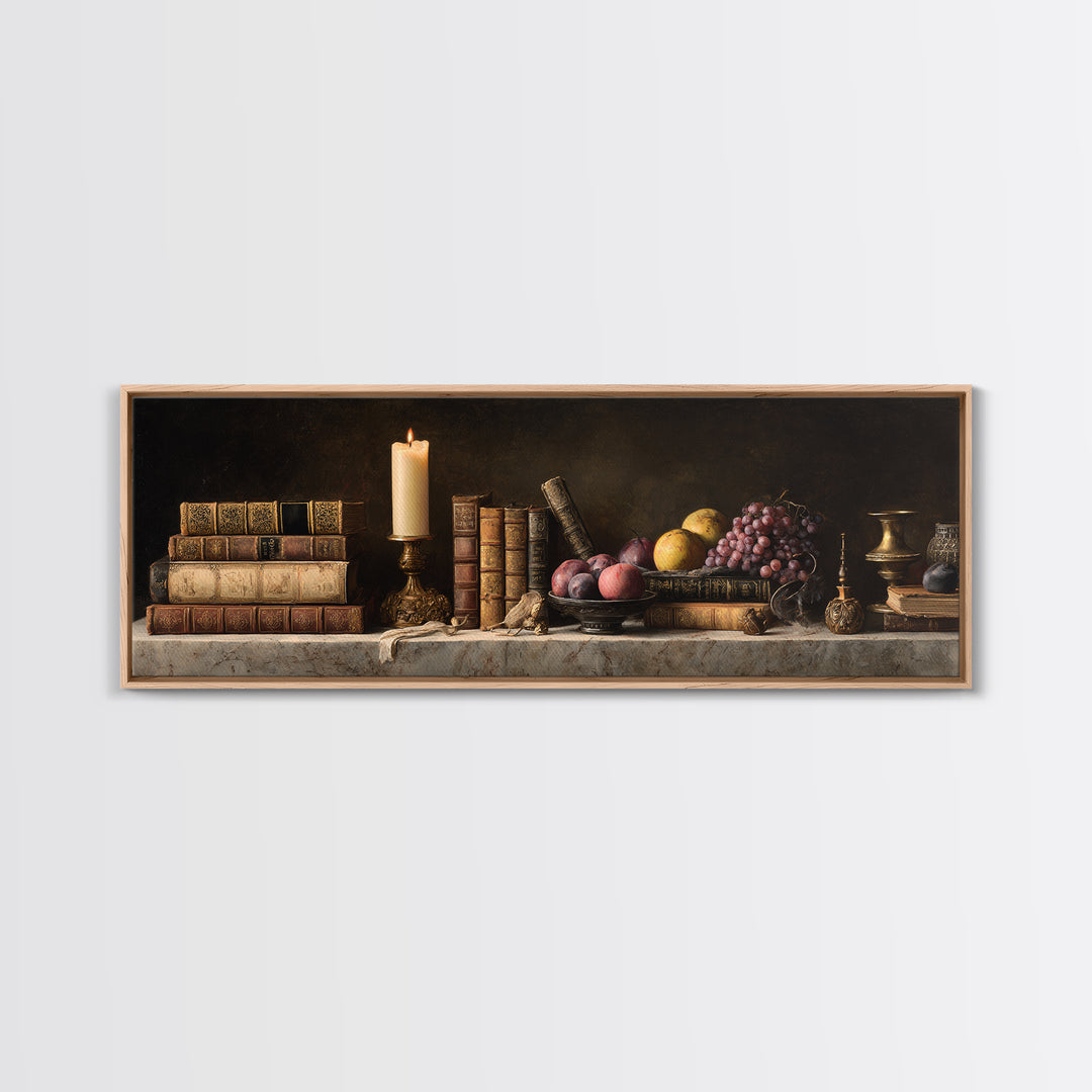 Still Life of Books Candle and Fruit Canvas Print, Traditional Art, Gallery Decor, Living Room Decor, Fine Art, Classic, TRA-3x1-36