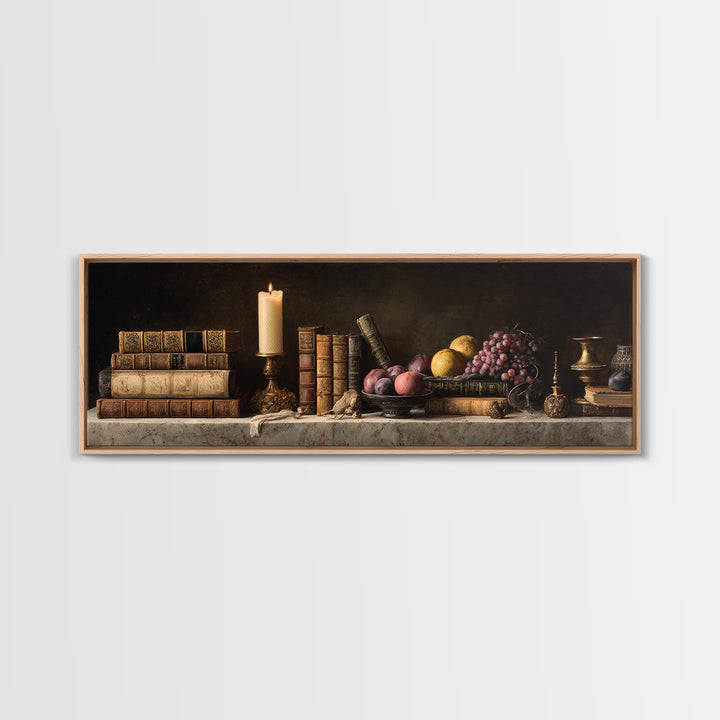 Still Life of Books Candle and Fruit Canvas Print, Traditional Art, Gallery Decor, Living Room Decor, Fine Art, Classic, TRA-3x1-36