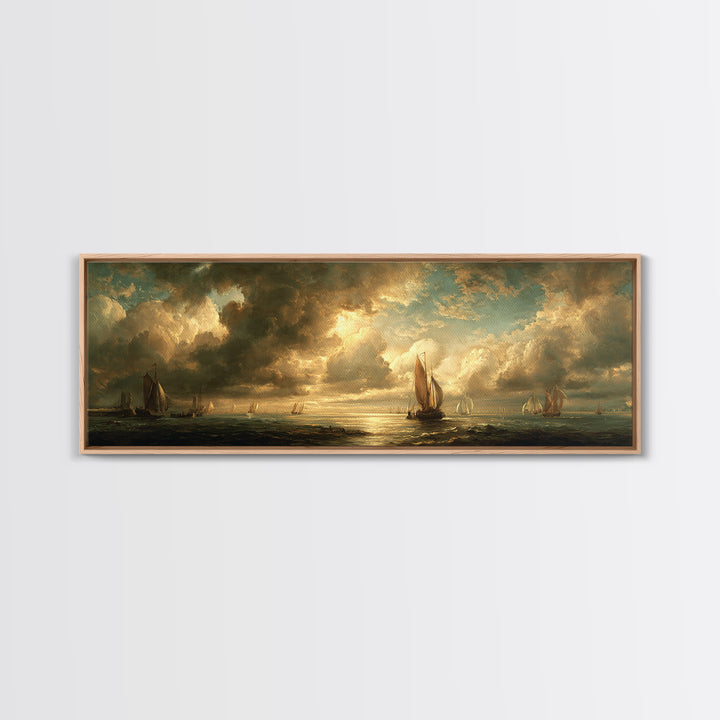 Seascape with Sailboats and Cloudy Sky Canvas Print, Traditional Art, Indian Decor, Living Room Decor, Fine Art, Classic, TRA-3x1-45