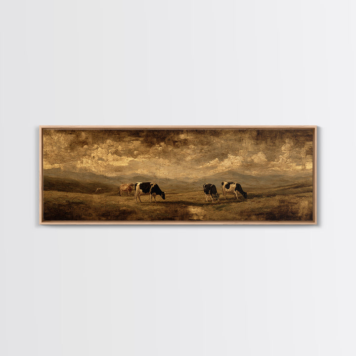 Pastoral Countryside with Cows in Field Framed Canvas Print, Traditional Art, Living Room Decor, Oil Painting, Classic, TRA-3x1-47