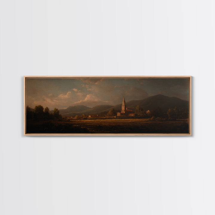 Church Steeple Across Rural Meadow Framed Canvas Print, Traditional Art, Printable Art, Living Room Decor, Watercolor Art, TRA-3x1-5