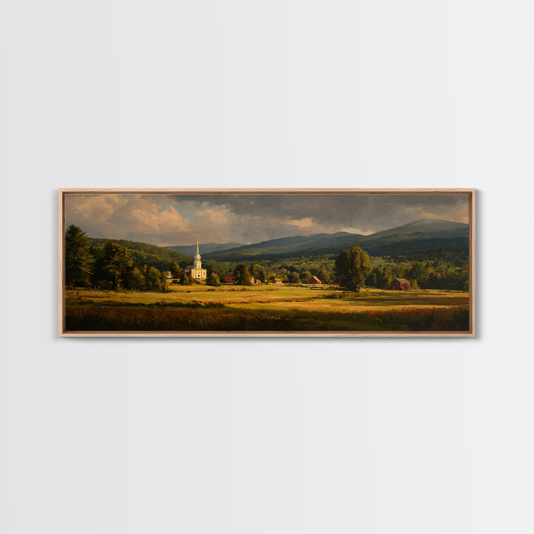 Church Steeple Across Rural Meadow Framed Canvas Print, Traditional Art, Indian Art, Living Room Decor, Oil Painting, Classic, TRA-3x1-53