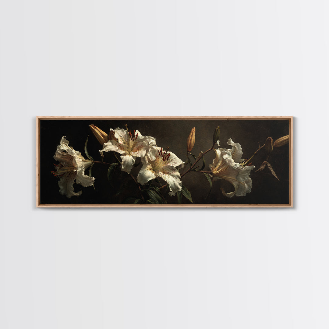 White Lilies on Dark Background Framed Canvas Print, Traditional Art, Art, Living Room Decor, Fine Art, Classic, Printable Art, TRA-3x1-55