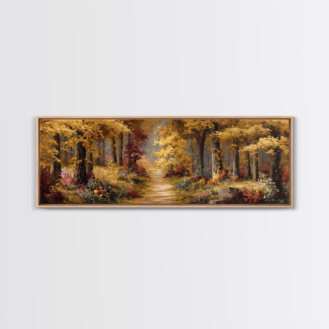 Autumn Forest Road Framed Canvas Print, Traditional Art, Minimalist Decor, Living Room Decor, Oil Painting, Classic, Boho, TRA-3x1-56