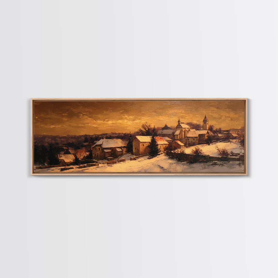 Snowy Village Landscape at Twilight Framed Canvas Print, Traditional Art, Wall Decor, Living Room Decor, Fine Art, Classic, TRA-3x1-59