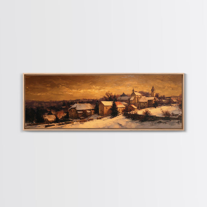 Snowy Village Landscape at Twilight Framed Canvas Print, Traditional Art, Wall Decor, Living Room Decor, Fine Art, Classic, TRA-3x1-59