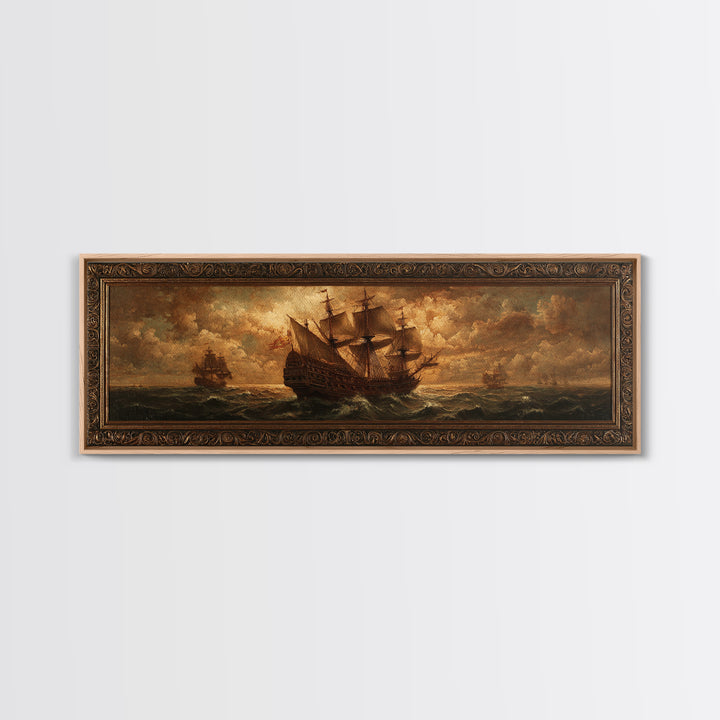 Ship at Sea Canvas Print, Traditional Art, Indian Decor, Living Room Decor, Fine Art, Classic, Luxury Decor, Textured Painting, TRA-3x1-6