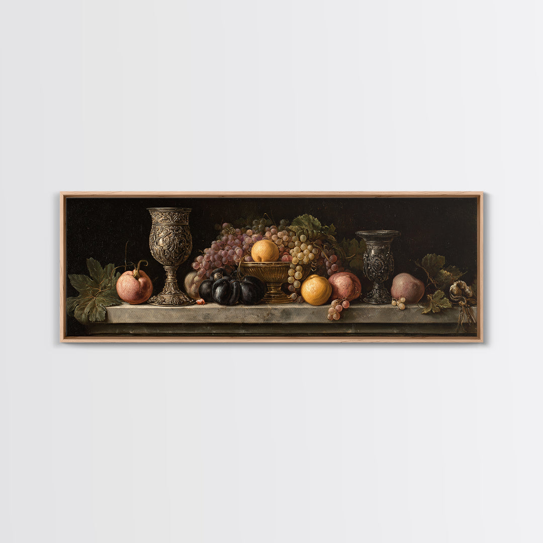 Dutch Fruit and Silver Goblet Still Life Framed Canvas Print, Traditional Art, Living Room Decor, Watercolor Art, Classic, TRA-3x1-68