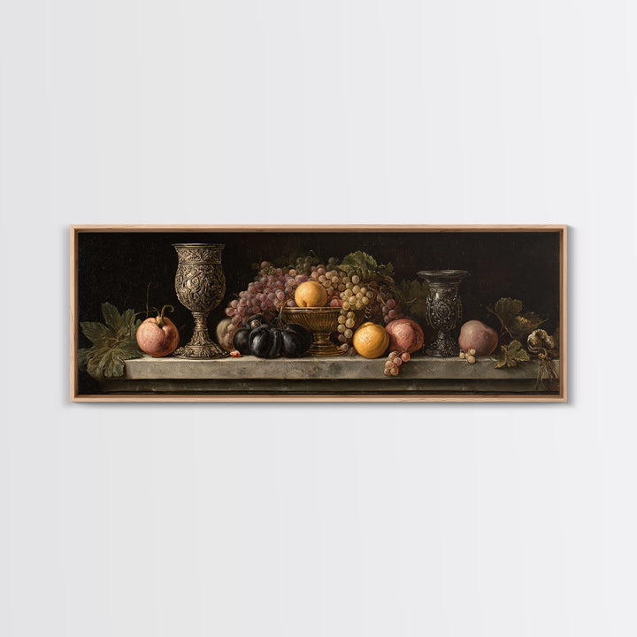 Dutch Fruit and Silver Goblet Still Life Framed Canvas Print, Traditional Art, Living Room Decor, Watercolor Art, Classic, TRA-3x1-68