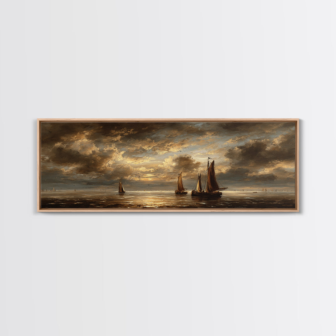 Seascape with Sailboats and Cloudy Sky Framed Canvas Print, Traditional Art, Gallery Decor, Living Room Decor, Classic, TRA-3x1-69