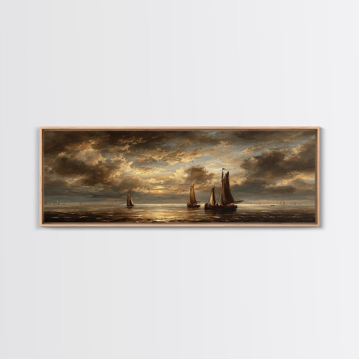 Seascape with Sailboats and Cloudy Sky Framed Canvas Print, Traditional Art, Gallery Decor, Living Room Decor, Classic, TRA-3x1-69