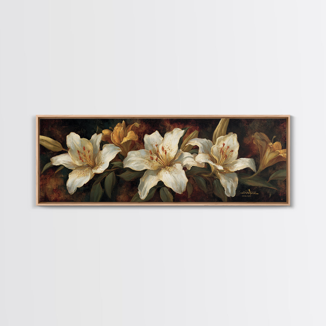 White Lilies on Dark Background Framed Canvas Print, Traditional Art, Statement Artwork, Living Room Decor, Fine Art, Classic, TRA-3x1-7